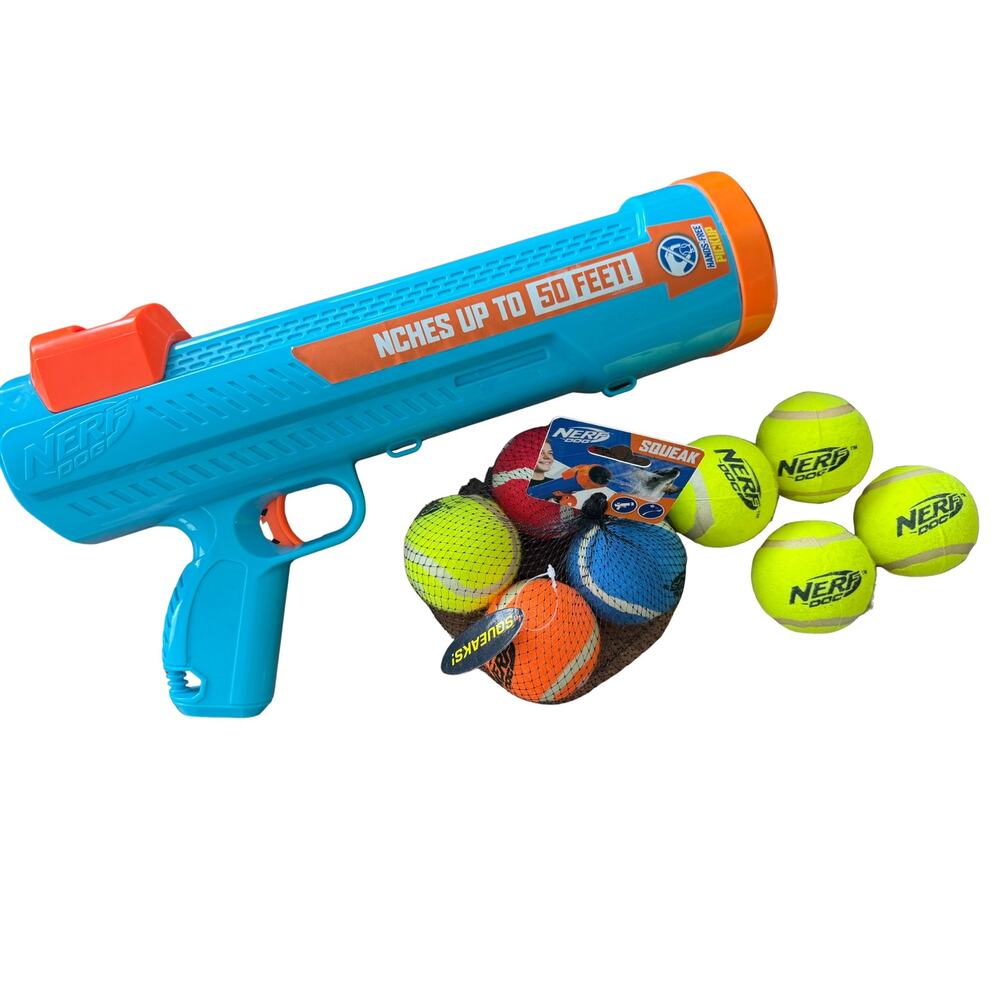 Nerf Dog Tennis Ball Blaster Launcher w/ 8 Balls Interactive Fetch Toy